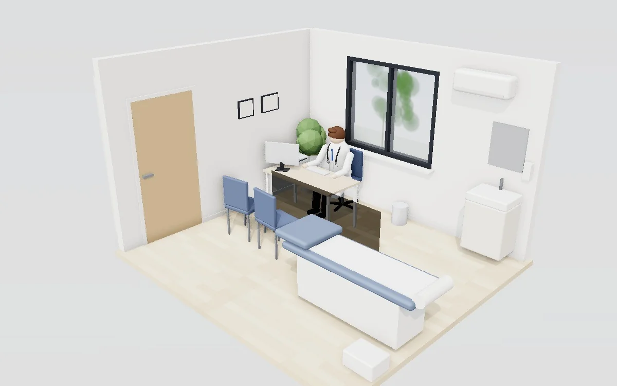 Illustration d'un bureau de consultation LinkSanté de 16 m² : bureau, divan d'examen, point d'eau, climatisation