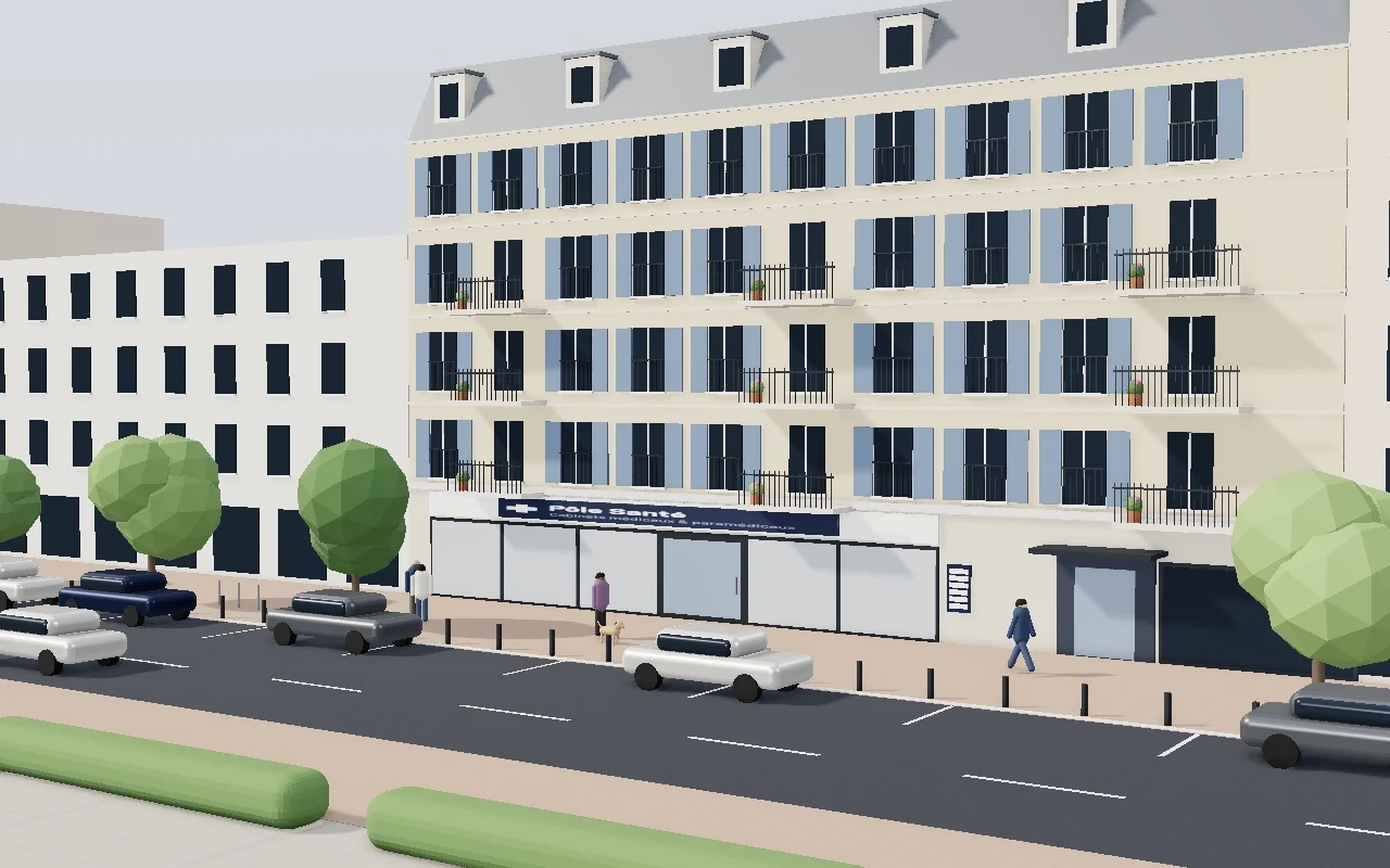 Illustration : un petit pôle de six cabinets au rez-de-chaussée d'un immeuble, près d'une gare
