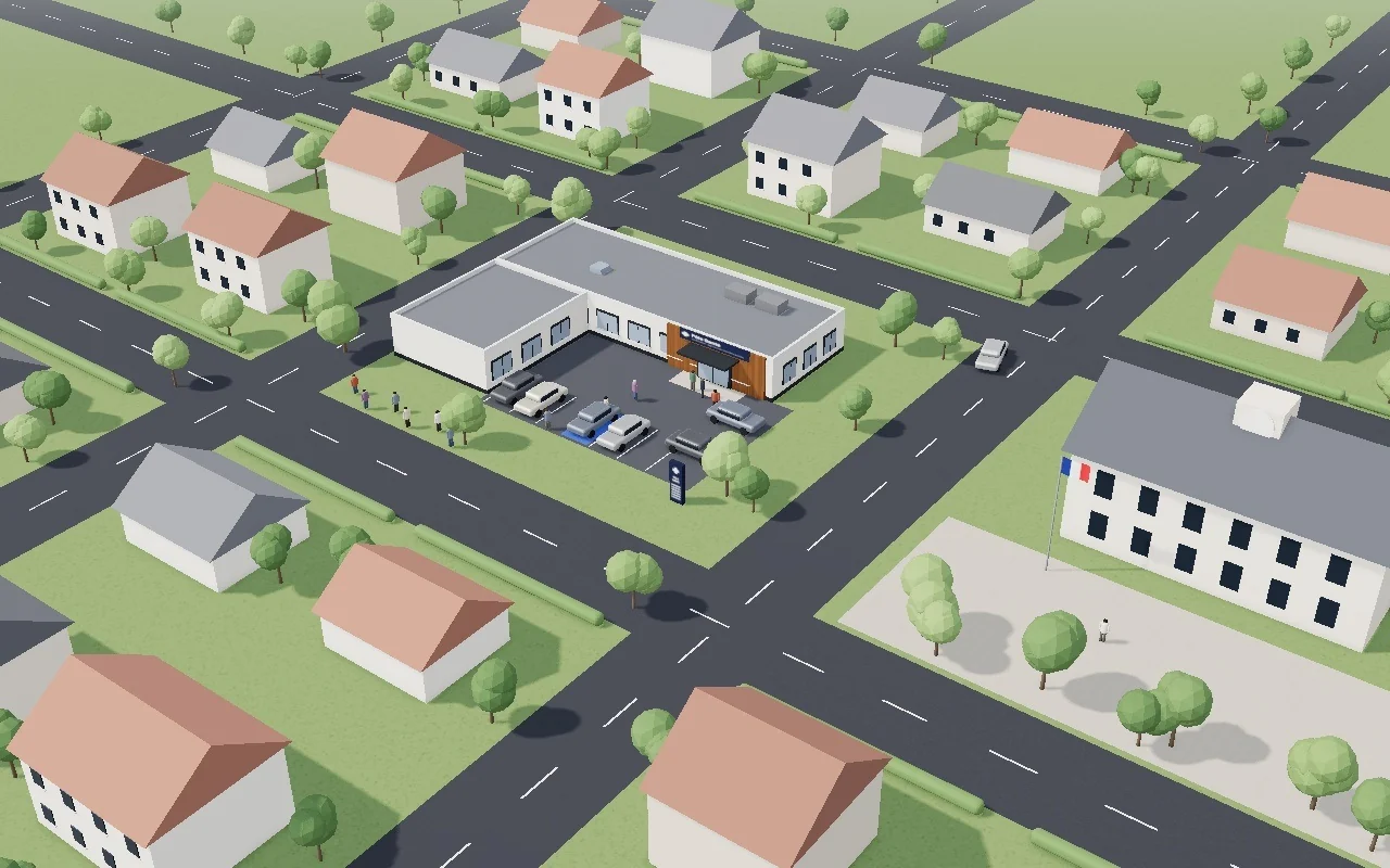 Illustration : un Pôle de Santé au cœur d'une commune, près de la mairie et de l'arrêt de bus